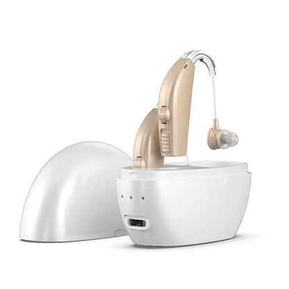 Rechargeable Wireless BTE Hearing Aids with Case white-beige by HitMyNeed