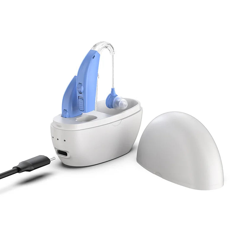 Rechargeable Wireless BTE Hearing Aids with Case white-blue by HitMyNeed