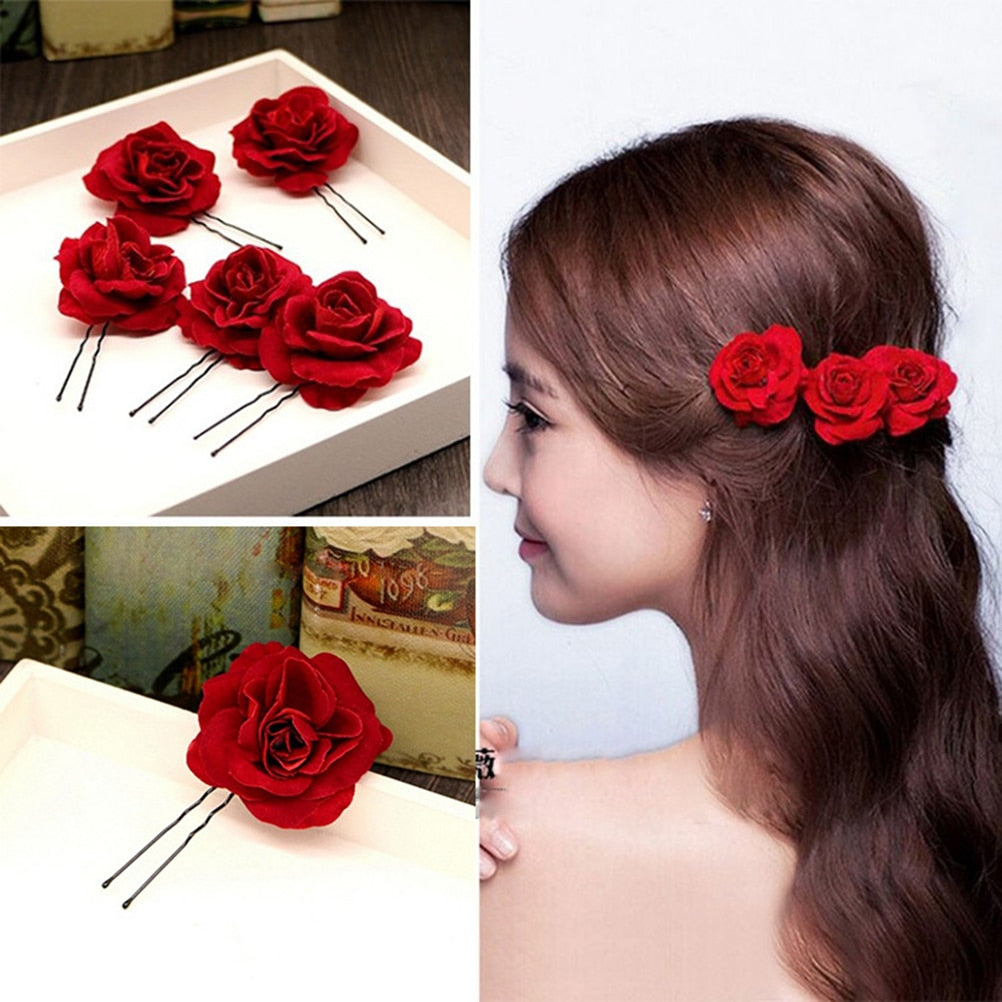 Red Fabric Rose Hair Pins Set of 6 by HitMyNeed