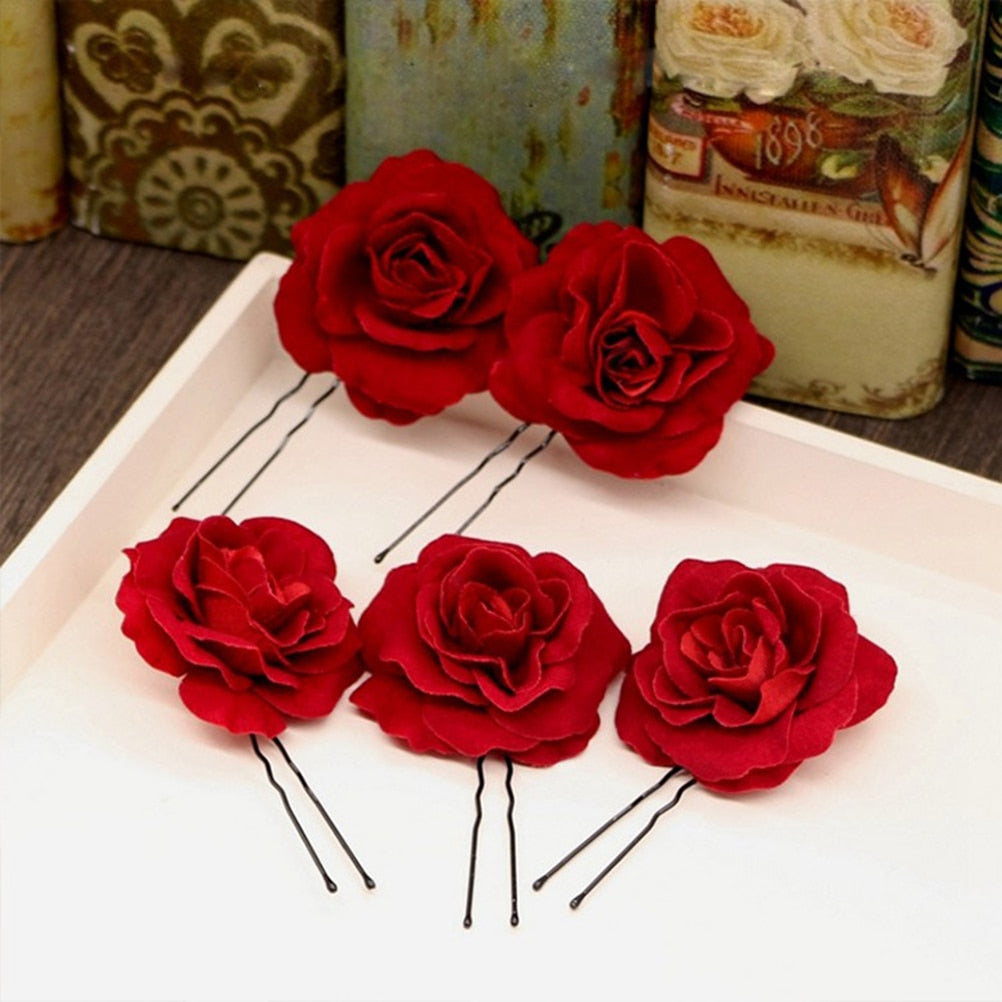 Red Fabric Rose Hair Pins Set of 6 by HitMyNeed