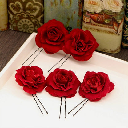Red Fabric Rose Hair Pins Set of 6 by HitMyNeed