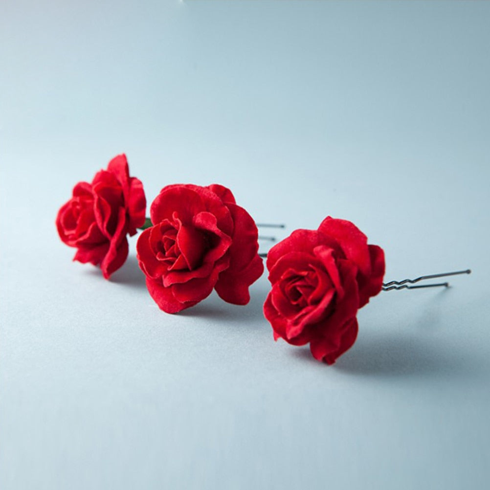 Red Fabric Rose Hair Pins Set of 6 by HitMyNeed