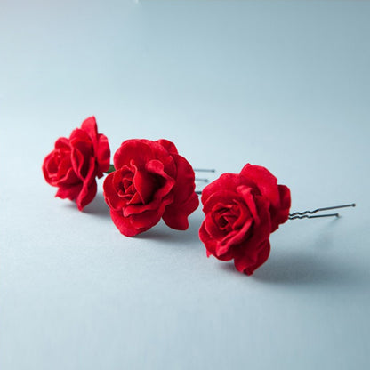 Red Fabric Rose Hair Pins Set of 6 by HitMyNeed