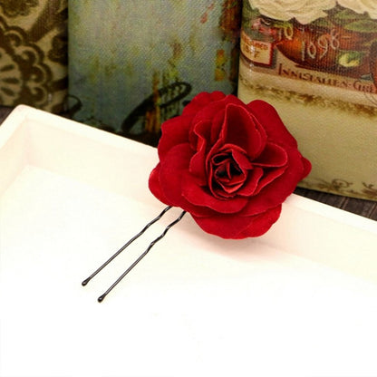 Red Fabric Rose Hair Pins Set of 6 by HitMyNeed