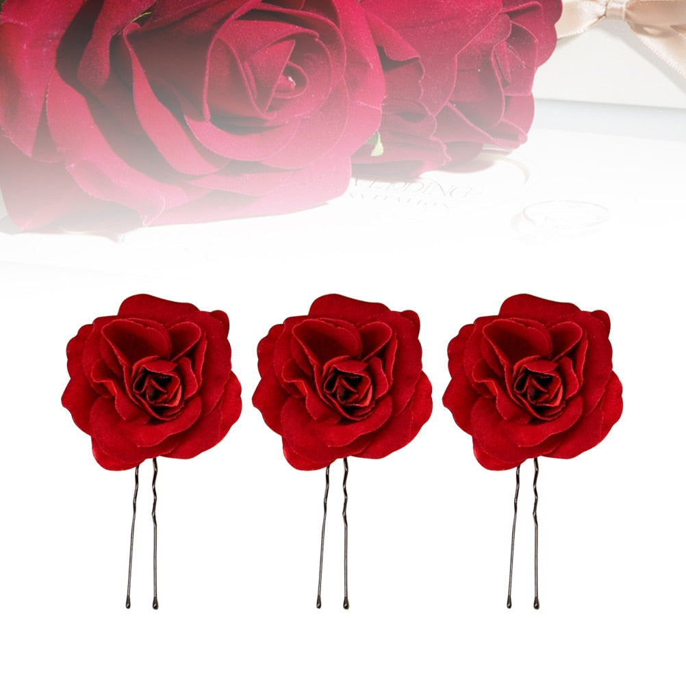 Red Fabric Rose Hair Pins Set of 6 by HitMyNeed
