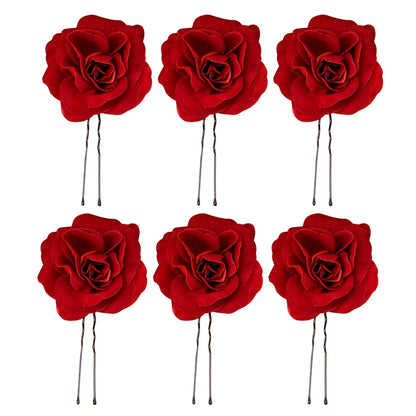 Red Fabric Rose Hair Pins Set of 6 by HitMyNeed