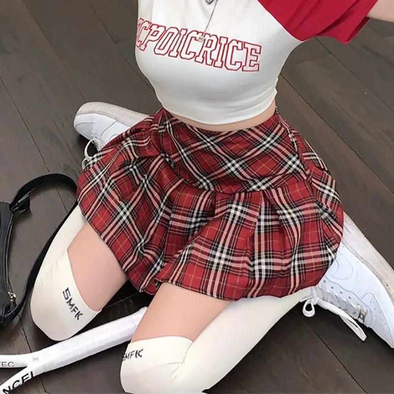 Red Plaid High Waist Pleated A-Line Mini Skirt by HitMyNeed