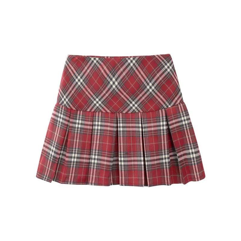 Red Plaid High Waist Pleated A-Line Mini Skirt by HitMyNeed