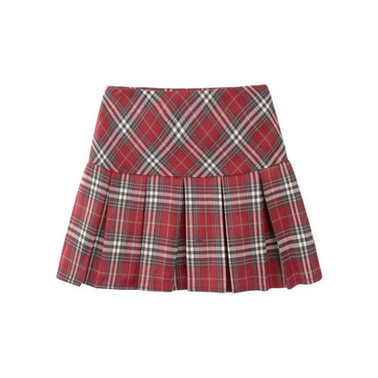Red Plaid High Waist Pleated A-Line Mini Skirt by HitMyNeed
