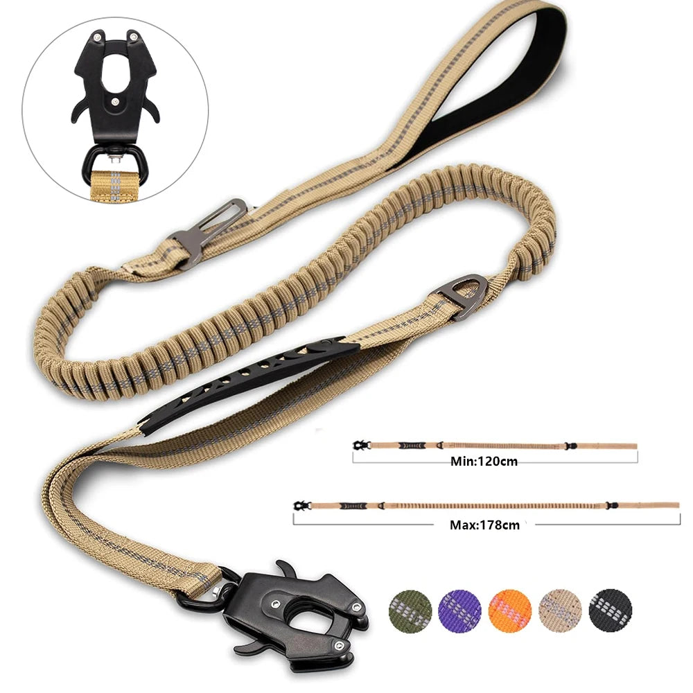 Reflective Shock-Absorbing Tactical Dog Leash with Seatbelt by HitMyNeed