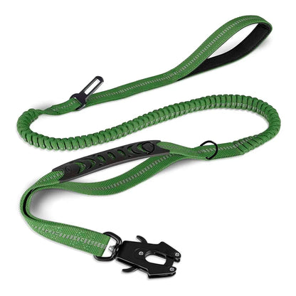 Reflective Shock-Absorbing Tactical Dog Leash with Seatbelt green by HitMyNeed