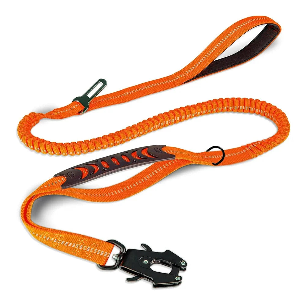 Reflective Shock-Absorbing Tactical Dog Leash with Seatbelt orange by HitMyNeed