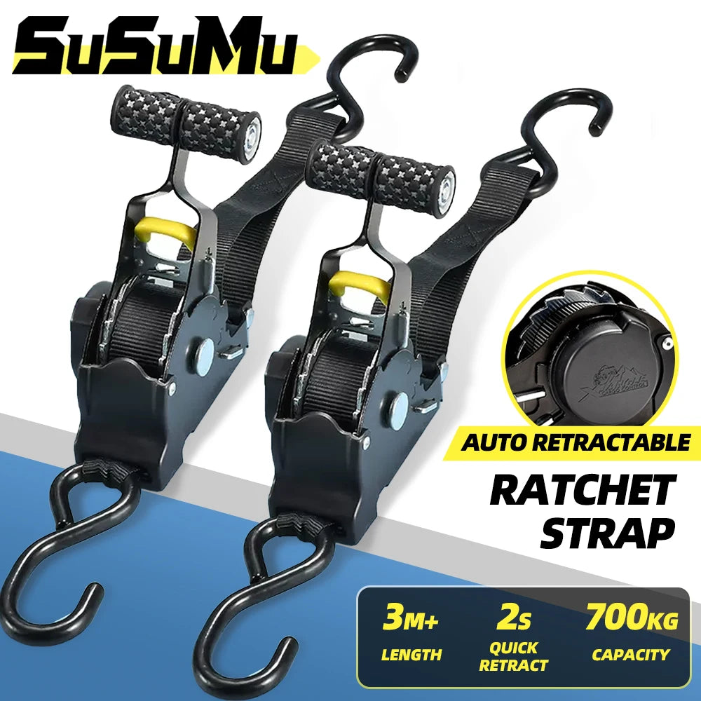 Retractable Ratchet Secure Cargo Straps for Cars & Motorcycles by HitMyNeed
