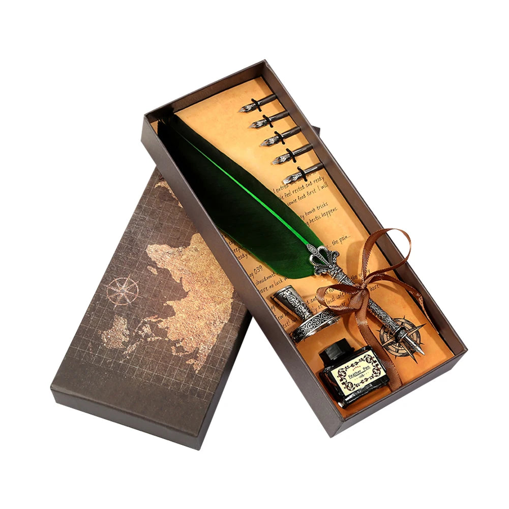 Retro Feather Dip Calligraphy Quill Pen Set green by HitMyNeed