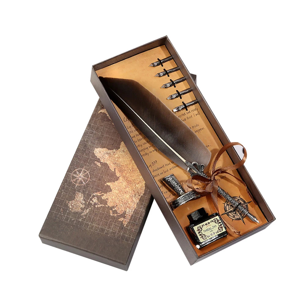 Retro Feather Dip Calligraphy Quill Pen Set grey by HitMyNeed