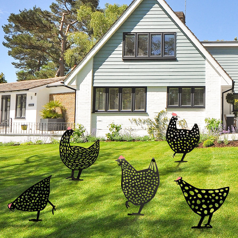 Retro Metal Chicken Garden Ornaments Set of 5 by HitMyNeed