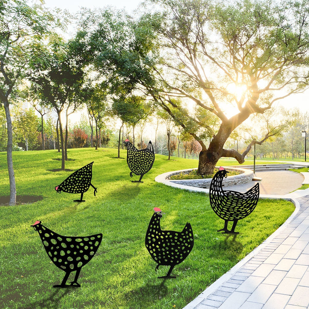 Retro Metal Chicken Garden Ornaments Set of 5 by HitMyNeed