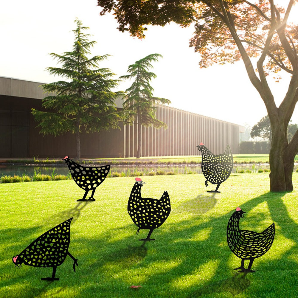 Retro Metal Chicken Garden Ornaments Set of 5 by HitMyNeed