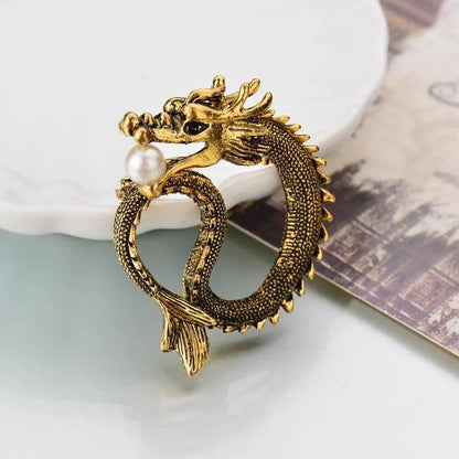 Retro Metal Dragon Brooch Pin with Pearl Detail by HitMyNeed