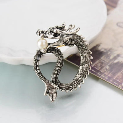 Retro Metal Dragon Brooch Pin with Pearl Detail by HitMyNeed