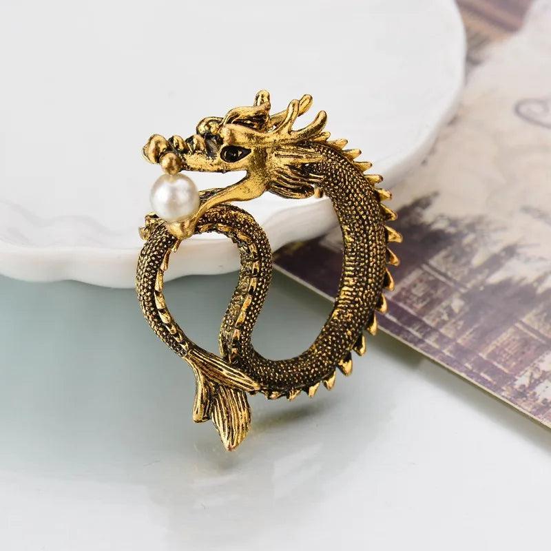 Retro Metal Dragon Brooch Pin with Pearl Detail bronze by HitMyNeed