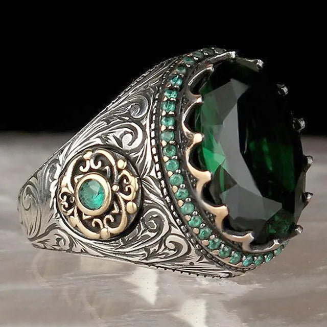 Retro Turkish Signet Ring with Green Zircon r1054-green 9.0 by HitMyNeed