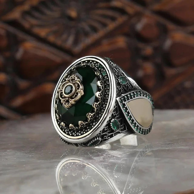 Retro Turkish Signet Ring with Green Zircon r590 12.0 by HitMyNeed