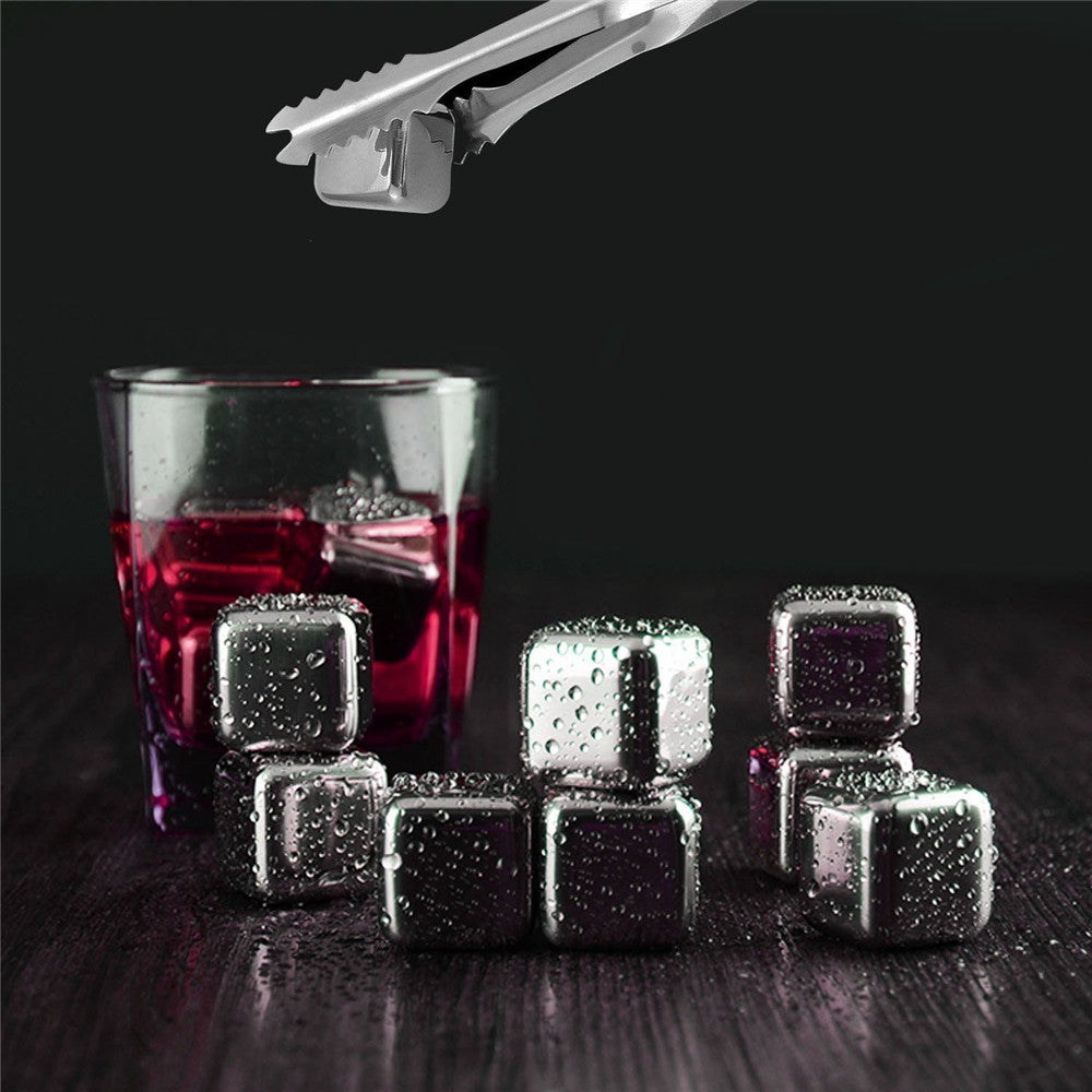 Reusable Stainless Steel Ice Cubes Set of 8 with Tongs by HitMyNeed