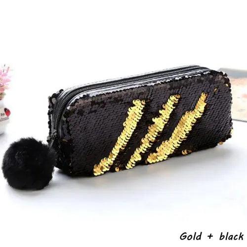 Reversible Sequin Pencil Case with Pompom Zipper black-plus-gold by HitMyNeed