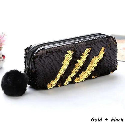 Reversible Sequin Pencil Case with Pompom Zipper black-plus-gold by HitMyNeed