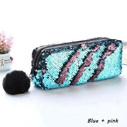 Reversible Sequin Pencil Case with Pompom Zipper blue-plus-pink by HitMyNeed
