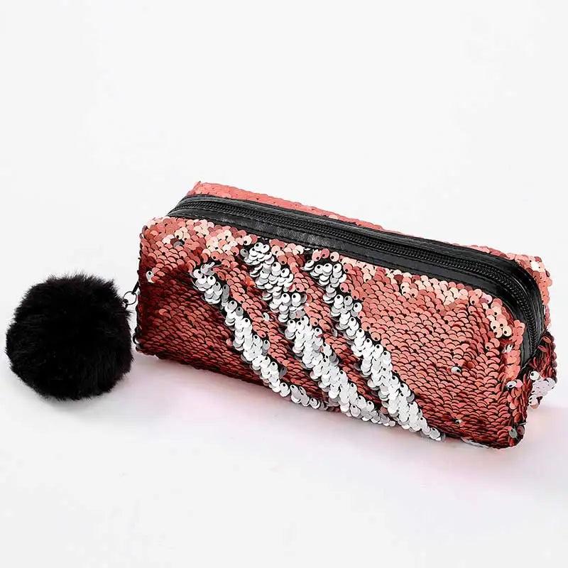 Reversible Sequin Pencil Case with Pompom Zipper champagne-a-silver by HitMyNeed