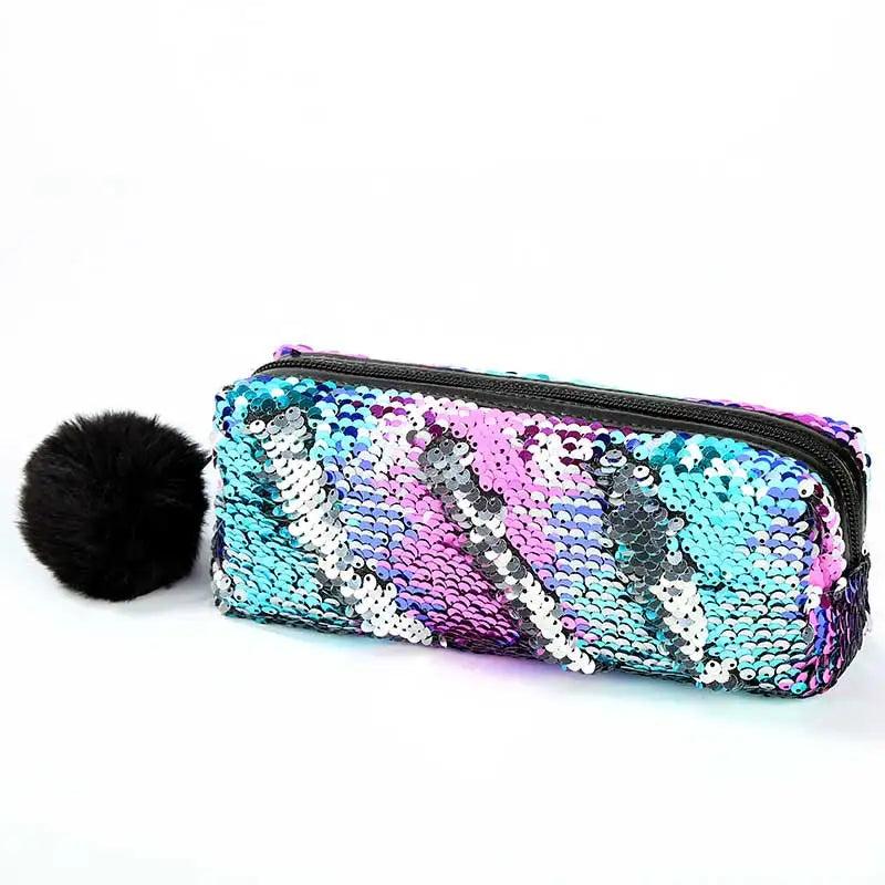 Reversible Sequin Pencil Case with Pompom Zipper colorful-plus-silver by HitMyNeed