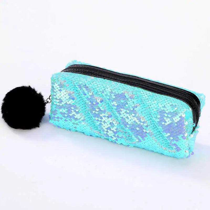 Reversible Sequin Pencil Case with Pompom Zipper dream-blue-a-silver by HitMyNeed