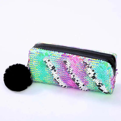 Reversible Sequin Pencil Case with Pompom Zipper fluorescent-a-silver by HitMyNeed