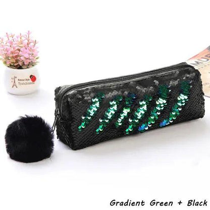 Reversible Sequin Pencil Case with Pompom Zipper green-plus-black by HitMyNeed