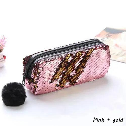 Reversible Sequin Pencil Case with Pompom Zipper pink-plus-gold by HitMyNeed