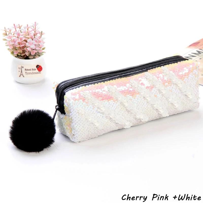 Reversible Sequin Pencil Case with Pompom Zipper pink-plus-white by HitMyNeed