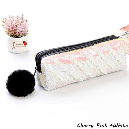 Reversible Sequin Pencil Case with Pompom Zipper pink-plus-white by HitMyNeed