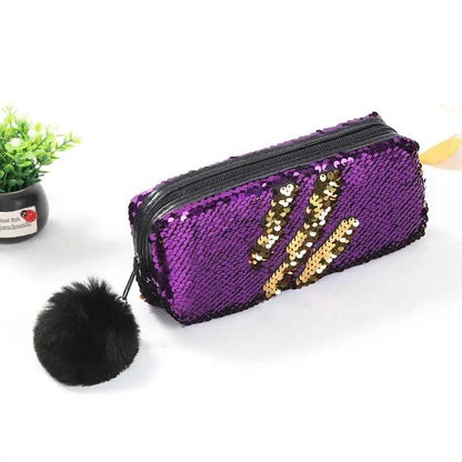 Reversible Sequin Pencil Case with Pompom Zipper purple-plus-silver by HitMyNeed
