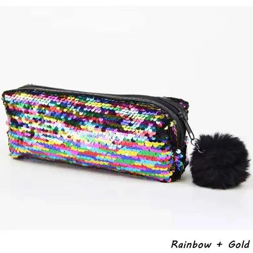 Reversible Sequin Pencil Case with Pompom Zipper rainbow-plus-gold by HitMyNeed