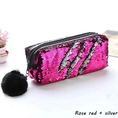 Reversible Sequin Pencil Case with Pompom Zipper rose-red-plus-silver by HitMyNeed