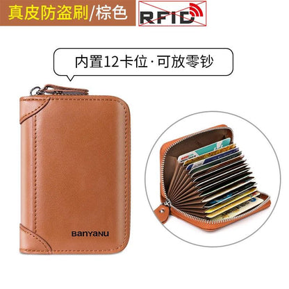 RFID Blocking Leather Zipper Card Holder Wallet brown-12 by HitMyNeed