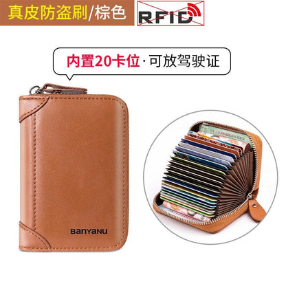 RFID Blocking Leather Zipper Card Holder Wallet brown-20 by HitMyNeed