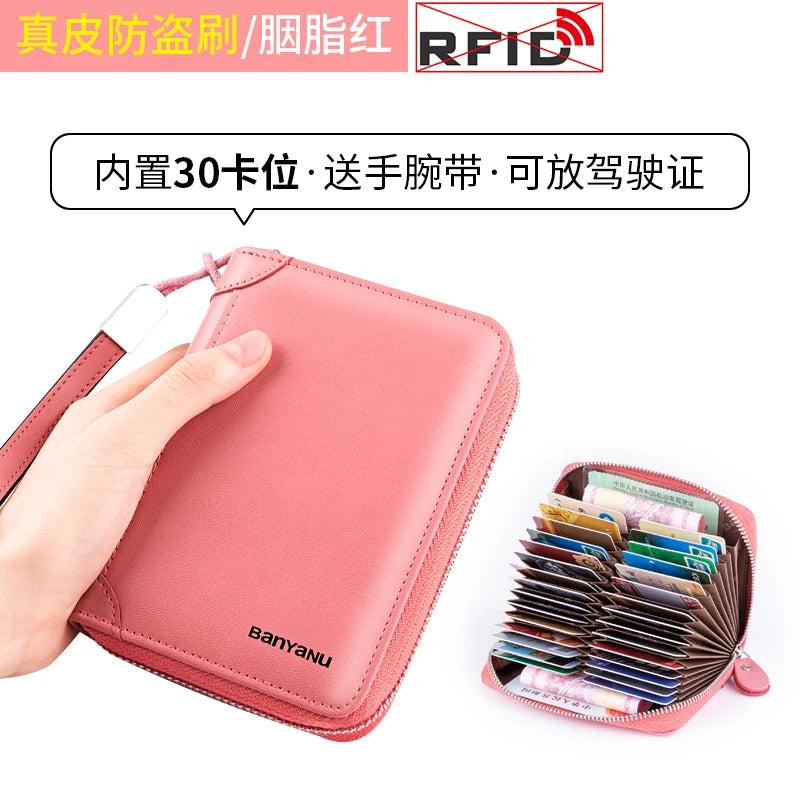 RFID Blocking Leather Zipper Card Holder Wallet carmine-30 by HitMyNeed