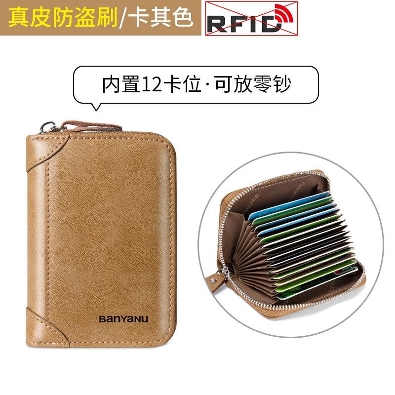 RFID Blocking Leather Zipper Card Holder Wallet khaki-12 by HitMyNeed