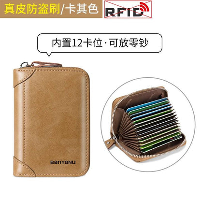 RFID Blocking Leather Zipper Card Holder Wallet khaki-12 by HitMyNeed