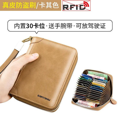 RFID Blocking Leather Zipper Card Holder Wallet khaki-30 by HitMyNeed