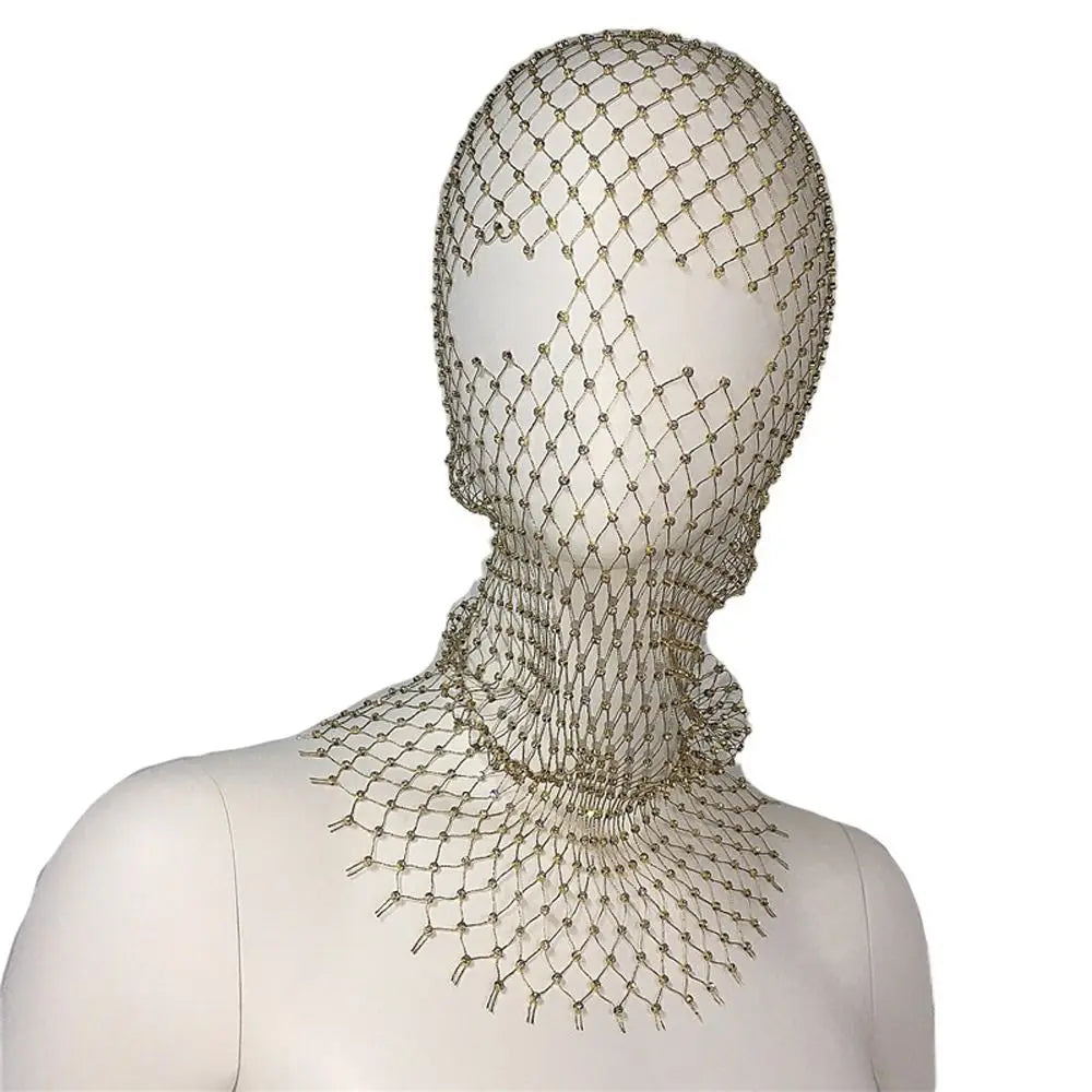 Rhinestone Mesh Turban Mask Headwrap for Women gold by HitMyNeed