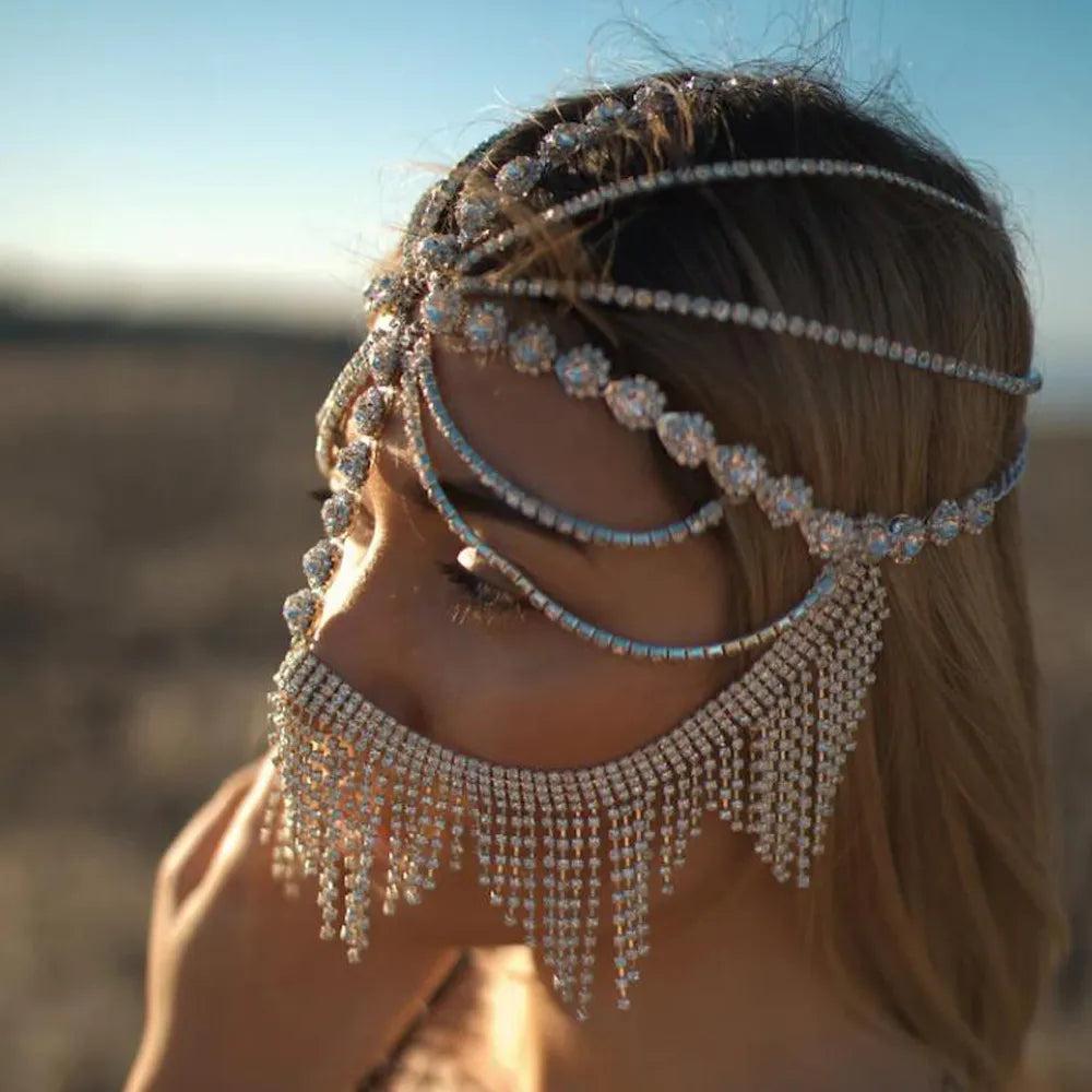 Rhinestone Tassel Veil Masquerade Face Chain Mask by HitMyNeed